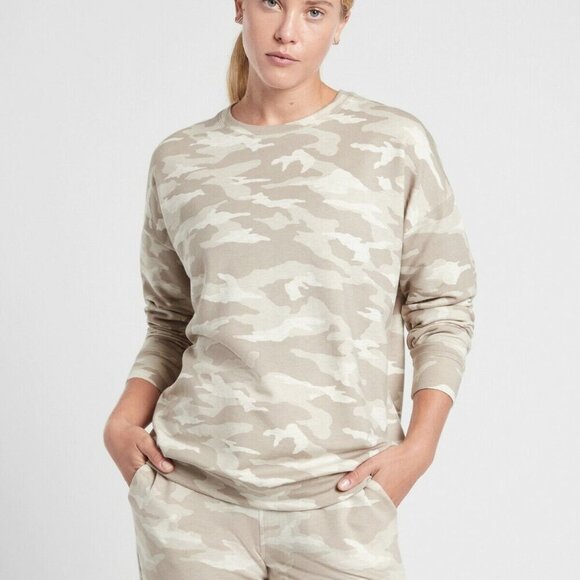 ATHLETA SZ M Triumph Beige/Tan Camo Crewneck Pullover Relaxed Sweatshirt - Picture 1 of 9